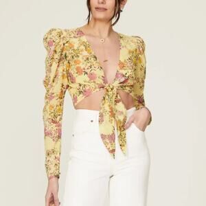 Hemant and Nandita Yellow Floral Crop Top XS Hippie Gypsy Plunging Princess $238